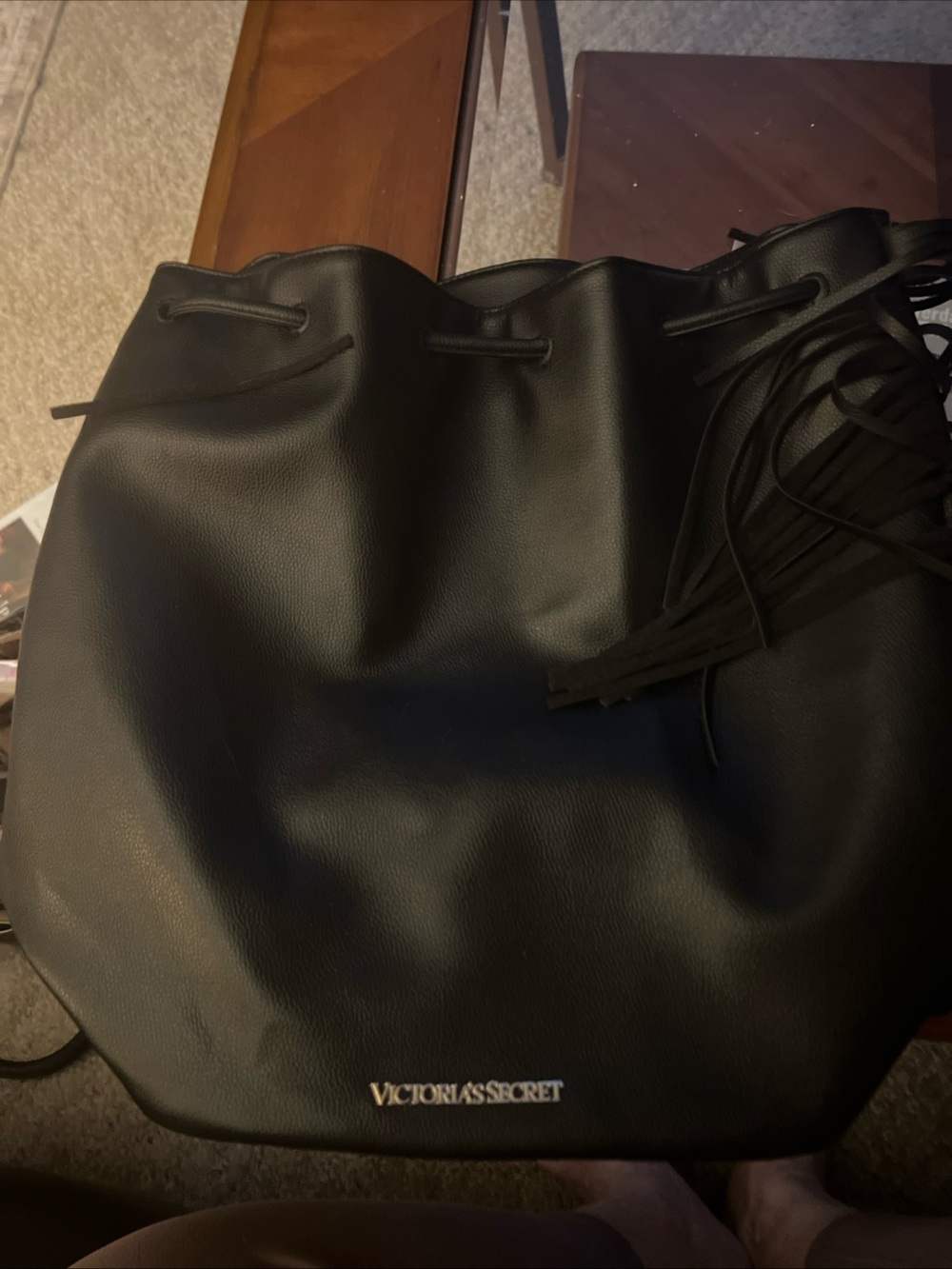 Victoria's Secret Black Faux-Leather Drawstring Bucket Tote NEW